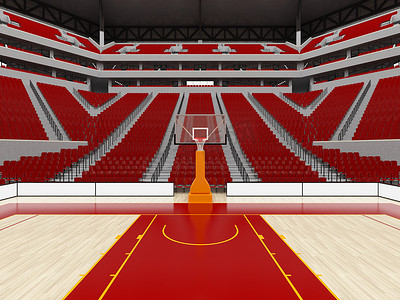 红色的篮球摄影照片_美丽的篮球运动场，设有 VIP 包厢和红色座椅，可容纳两万名球迷