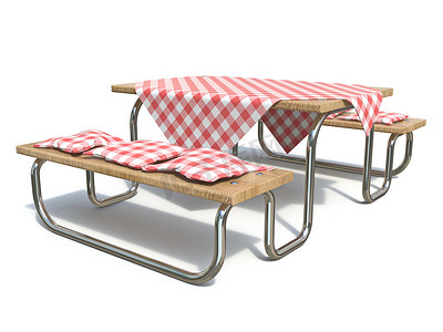 带红色桌盖和枕头的木制金属野餐桌 3D