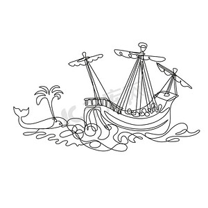 帆船或高船航行与鲸鱼连续线绘制