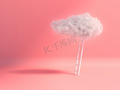 漂浮创意摄影照片_粉红色房间背景上漂浮着云彩的楼梯。
