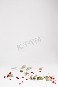 树叶花瓣摄影照片_白色支架上的红色和绿色花瓣。
