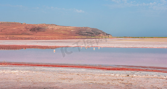 水体摄影照片_粉红色科亚什湖的盐水和盐由微藻杜氏盐藻着色，杜氏盐藻以其抗氧化特性而闻名，通过 β-胡萝卜素丰富水体，用于医药和水疗。