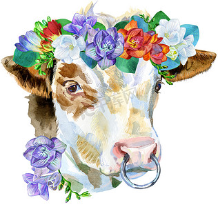小苍兰花环中一头白公牛的水彩插图