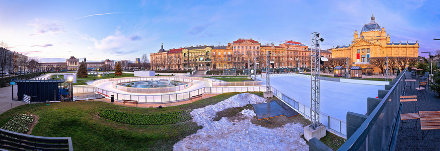 萨格勒布溜冰公园托米斯拉夫广场来临晚间全景