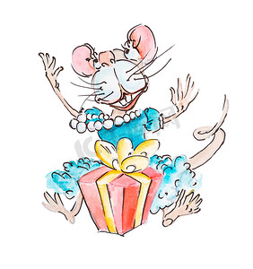 鼠年可爱老鼠摄影照片_新年，有趣的快乐老鼠或老鼠坐在礼物上