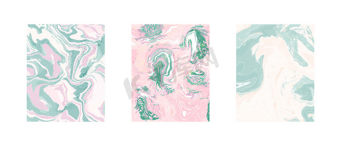 绿松石和玫瑰金大理石漩涡纹理背景系列。