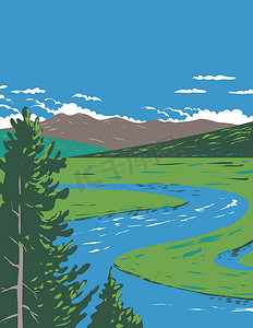 海登谷 (Hayden Valley) 是美国怀俄明州黄石国家公园提顿县横跨黄石河的亚高山山谷 WPA 海报艺术