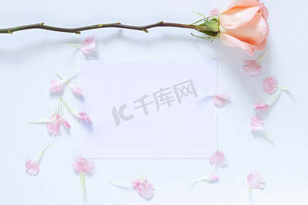 模拟邀请卡与玫瑰和粉红色的花瓣作为边框。