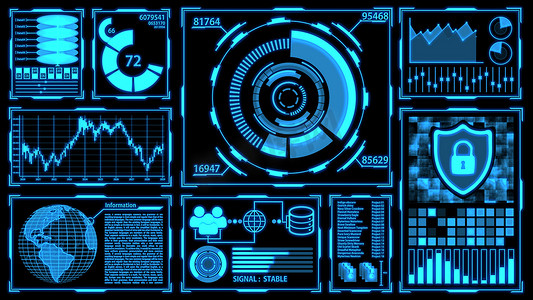 数据流程大屏摄影照片_数据传输、传输和数字转换屏幕 HUD，带有蓝色主题的详细信息，包括面板、图形、图表、3D 地球和数字元素 Ver.1（全屏）