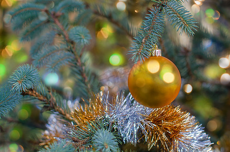 冷杉树枝与圣诞金球，云杉树枝。