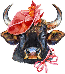 戴帽子的奶牛摄影照片_戴着红帽子和弓的黑色强大公牛的水彩插图