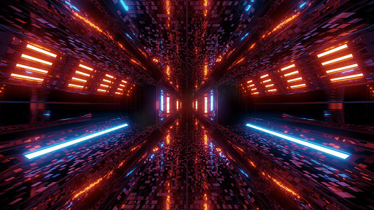 未来派科幻空间机库隧道走廊 3D 插图与砖纹理和发光的空调背景壁纸