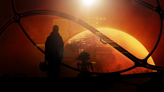 宇航员和机器人在接近火星的宇宙飞船舷窗处。