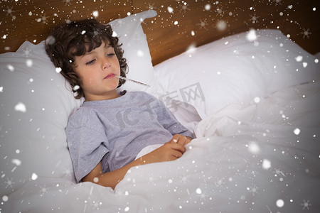 病童躺在床上温度计的合成图像