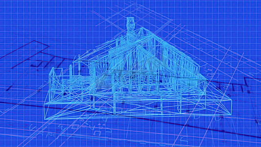 3D 插图 - 地板设计的技术绘图，绘制有非常详细的细节和现成的房屋 3D 模型