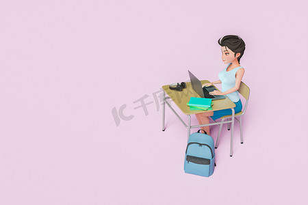 一个女孩在课桌上用笔记本电脑学习的 3d 角色