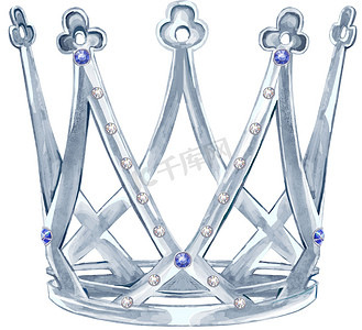 水彩银皇冠公主与宝石