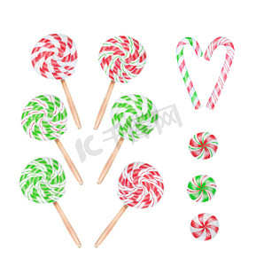 圣诞棒棒糖和棒棒糖系列，以白色水彩插图隔离