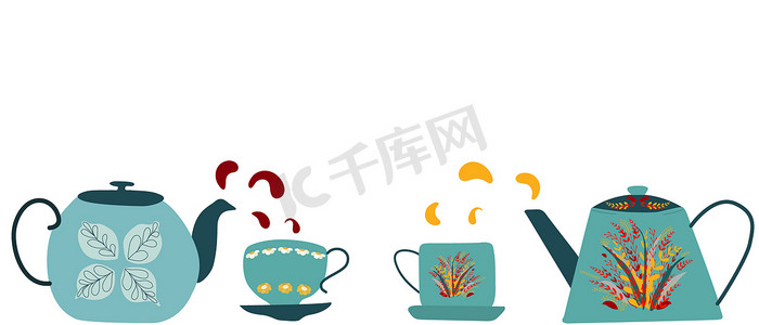 茶杯的摄影照片_带有复古茶壶和茶杯的水平边框。