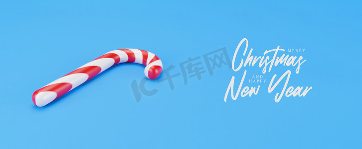 条纹拐杖摄影照片_圣诞快乐手杖，蓝色背景上有红色条纹的棒棒糖薄荷糖。