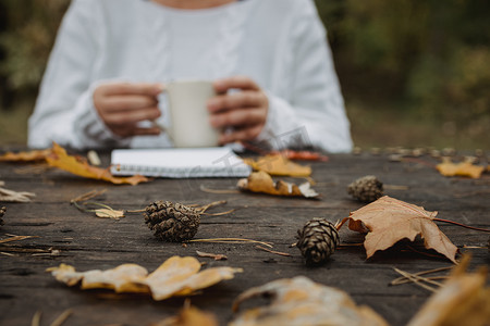 身穿白色毛衣的年轻女子坐在公园一张黑色的旧桌子旁，端着一杯加咖啡的茶，在黄色秋叶的背景下读书写字。