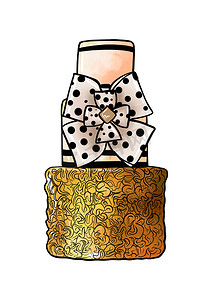 一幅金色圆形分层蛋糕彩画的插图，上面装饰着黑白蝴蝶结，白色的孤立背景上有一颗宝石