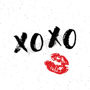 书法笔画笔刷摄影照片_XOXO 刷字标志，Grunge calligraphiv c 拥抱和亲吻短语，互联网俚语缩写 XOXO 符号，在白色背景上隔离的矢量插图