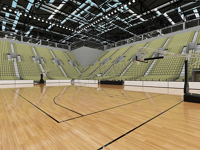 美丽的现代篮球运动场，配有橄榄绿灰色座椅和 VIP 包厢