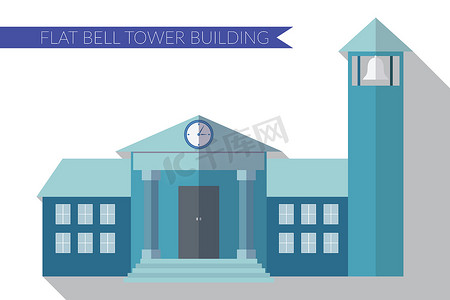 带有钟楼图标、长阴影的建筑的平面设计现代矢量图解