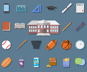 欧派logo矢量图摄影照片_回到学校平面设计现代矢量图、校舍、钢笔、铅笔、食品、体育用品、文凭和毕业帽图标