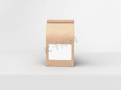 浅灰色工作室舞台背景下的咖啡束袋包装模型设计
