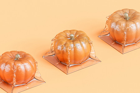米色背景真空包装南瓜，用于秋季假期或销售广告，3D 渲染