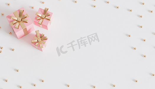 白色背景上有金色丝带的粉色礼品盒，3D 渲染