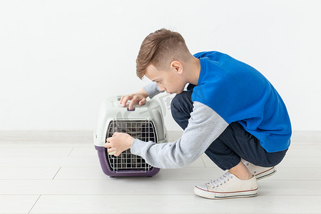 笼子摄影照片_在新公寓的地板上，笑得积极的小男孩拿着一个笼子，旁边有一只苏格兰折耳猫。