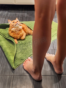 女人走进浴室，看到可爱的姜黄色猫躺在浴室地板上，上面盖着绿色地毯。