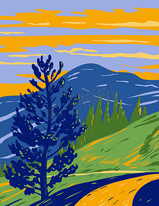 沃什伯恩山步道与沃什伯恩山峰位于黄石国家公园怀俄明州提顿县的沃什伯恩山脉 WPA 海报艺术