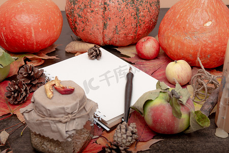 一罐茶的舒适静物画、秋天的水果和蔬菜、干苹果、树枝、秋叶、秋天的冷处理、橙色、书写板、复印空间、秋天的心情、万圣节、祝福日、季节主题