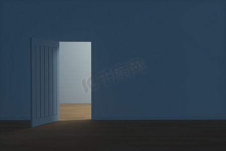 与白色夜景的木门，3d 渲染。