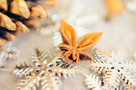 雪花新年摄影照片_香料、坚果、锥体和雪花的圣诞节或新年背景