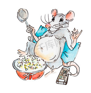 老鼠上灯台摄影照片_新年，有趣的快乐老鼠或老鼠看电视和吃饭