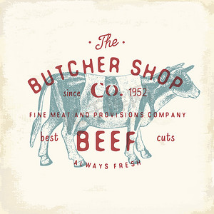 肉店复古徽章牛肉肉制品，屠宰标志模板复古风格。