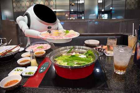 智能餐厅自动机器人服务，未来技术理念
