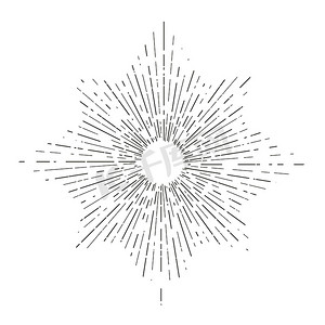 复古太阳爆发, 复古辐射太阳光线形状的标志, 标签或标志和排版装饰模板矢量插图隔离在白色背景。