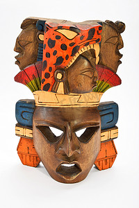 玛雅人摄影照片_印度玛雅阿兹特克木绘面具与咆哮的美洲虎和 h
