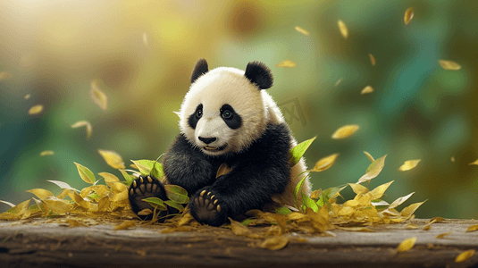 植物动物摄影照片_黑白相间的熊猫坐在绿叶植物旁