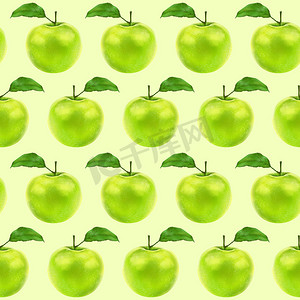 浅绿色背景上的插图现实主义无缝图案水果苹果绿色