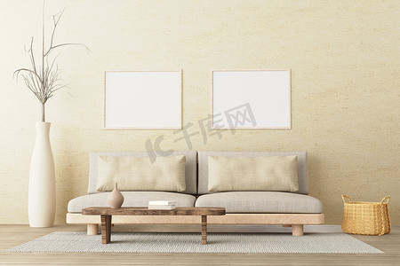 中性摄影照片_两张水平海报模型在中性风格的室内客厅中，配有低沙发、陶瓷壶、边桌、柳条篮和空混凝土墙背景上的书籍。 