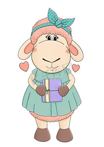 可爱的羊穿着裙子带着小礼物