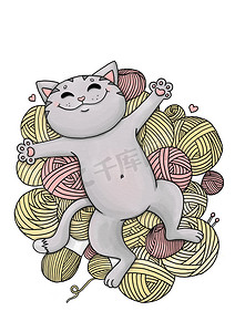 毛线球上有趣的灰猫