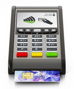 POS 机和信用卡隔离在白色背景。 